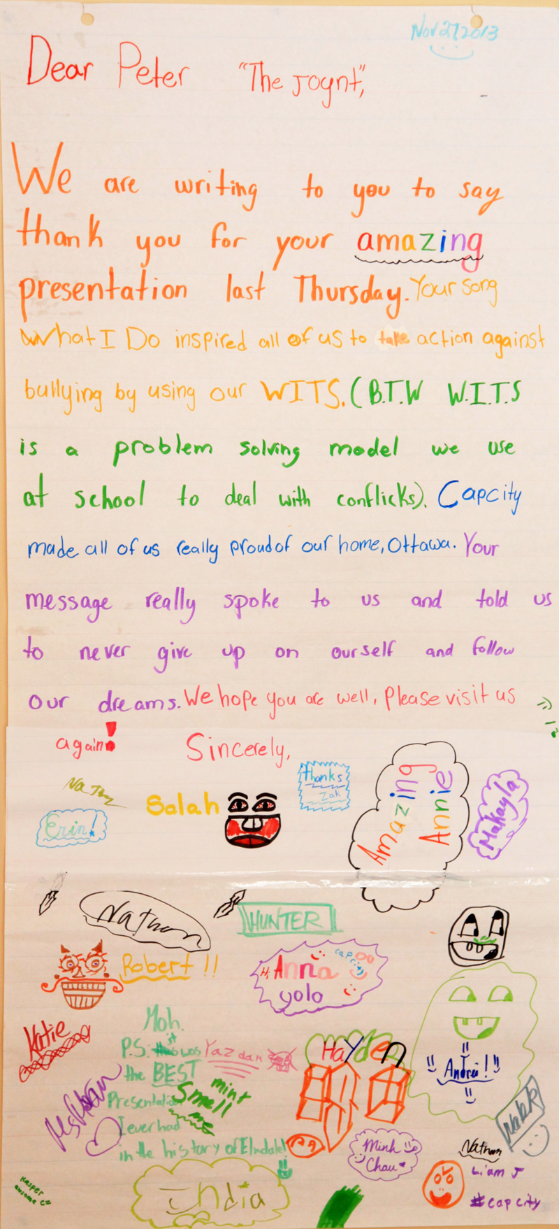 This is a thank you letter Peter Joynt received after his presentation at Elmdale P.S. Click the image to enlarge.