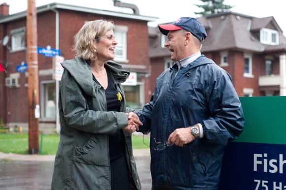 Coun. Katherine Hobbs congratulates Brian Kearns at the official unveiling. Photo by Kate Settle.