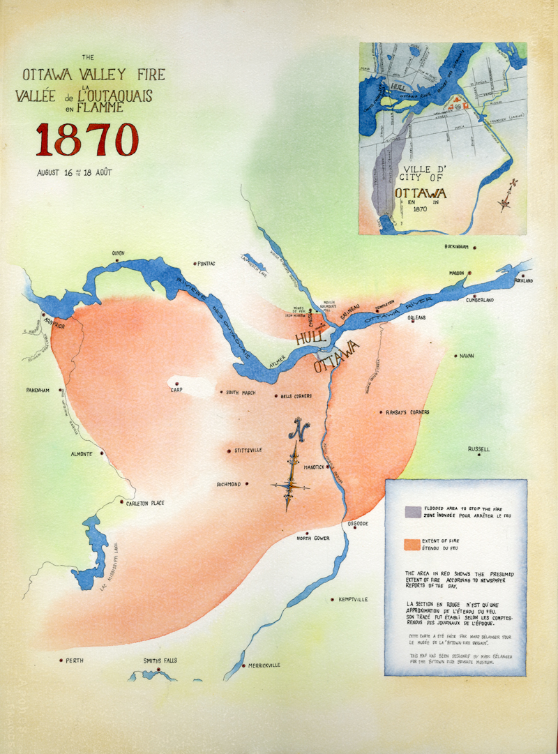 Click image to enlarge.This map shows the general extent of the Great Fire of 1870. Image courtesy of Peter Ryan of the Bytown Fire Brigade.