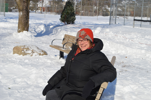 Doreen Jans says the seating area in McKellar Park has been needed for a long time. Photo by Craig Lord.