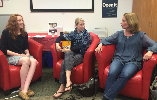 Teen moderator Jesse Hawke with authors Susan Juby and Susin Nielson.