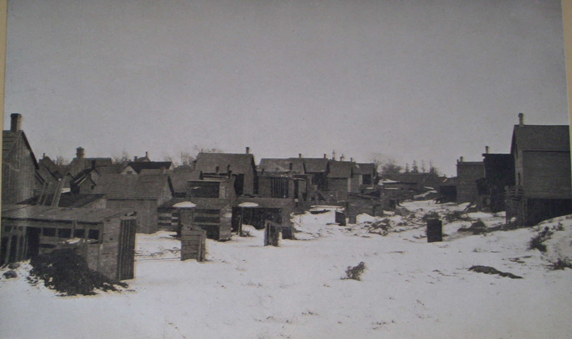 Click to enlarge. This photo from 1911 shows the outhouses along the rear of Merton, behind the old frame houses.