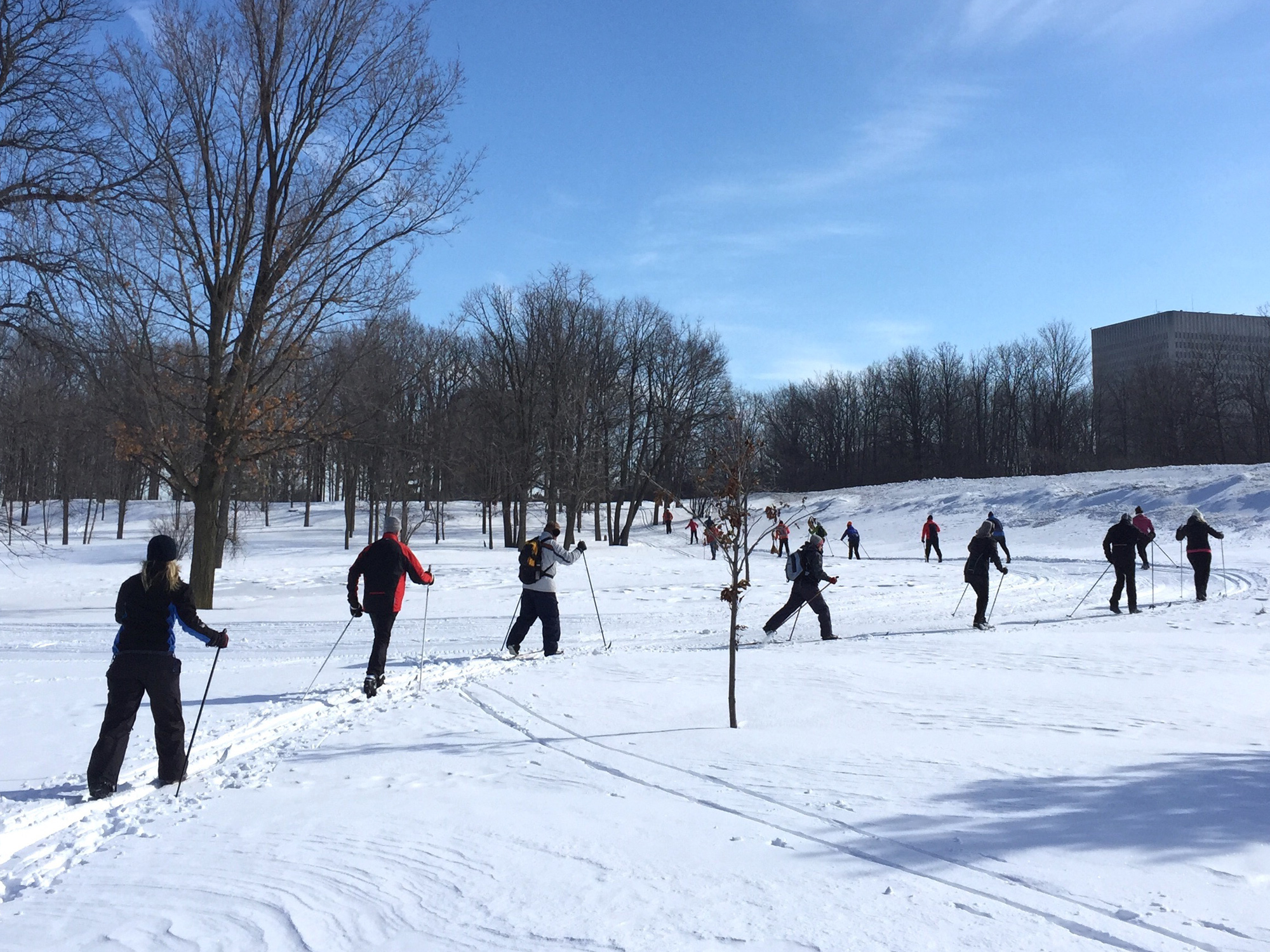 This photo was taken on the trail’s first Saturday in February. “Luckily the weather was great and I had just finished grooming the day before and word got out on social media,” says Dave Adams, manager and head groomer of the SJAM Winter Trail. “That picture says it all.” Photo by Dave Adams