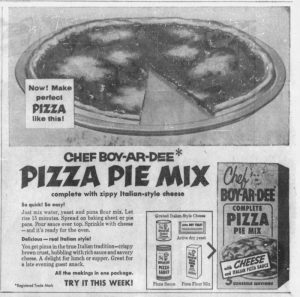 1957 advertisement for Chef Boyardee pizza mix