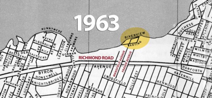 This street map of Ottawa published by the Tourism and Convention Bureau in 1963 shows where Banting Avenue used to be.|This aerial photo from 1920 shows Richmond Road in the vicinity of Mansfield Avenue. Photo from the National Air Photo Library.