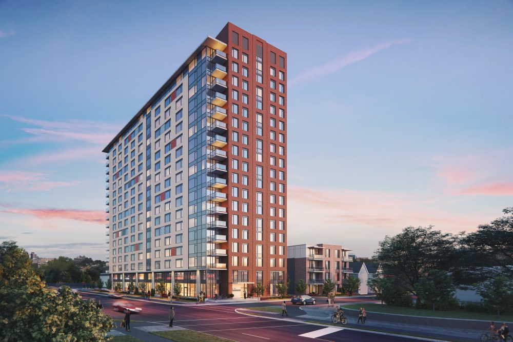 A rendering of the new building at 175 Carruthers in Hintonburg at dusk|An aerial shot of 175 Carruthers Avenue in Hintonburg on a sunny day