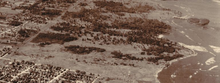 A black and white aerial photo from 1925 showing Champlain Park in Ottawa|||A copy of a newspaper article from 1904 in the Ottawa Citizen