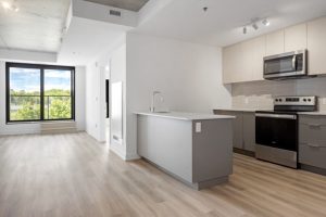 The interior of a kitchen. 