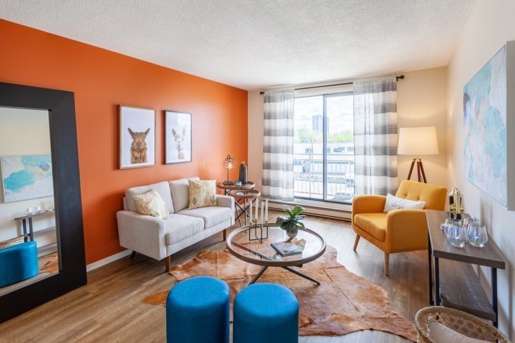 A living room with a white couch