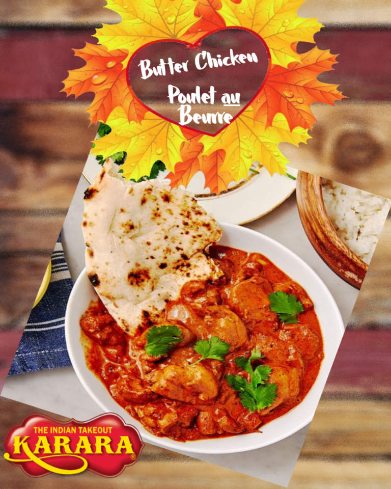 A plate of butter chicken with autumn leaves on a poster.|||