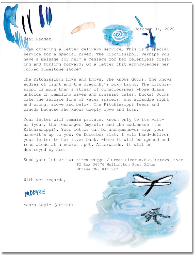A photo of the letter to the Kitchissippi river that artist Maura Doyle created for the 2020 City of Ottawa "Microcosm" project.