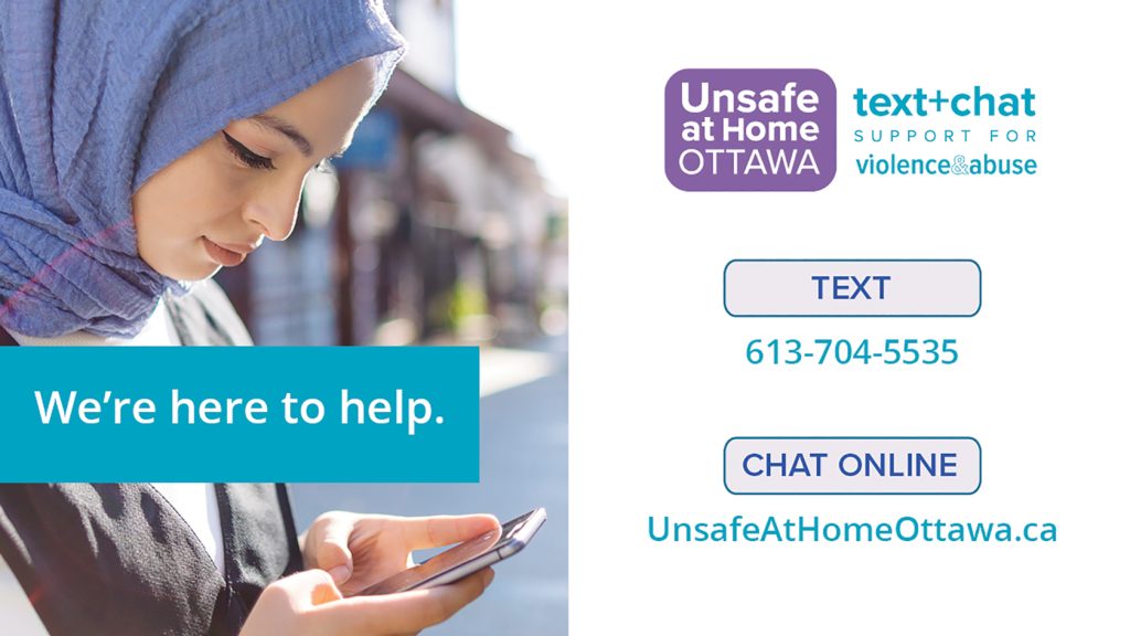 A graphic featuring a woman with a cell phone using Unsafe At Home Ottawa's service