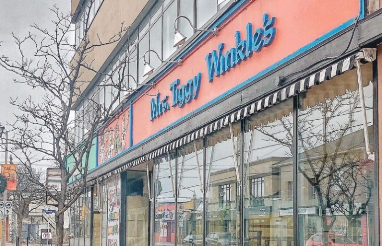 The outside of Mrs. Tiggy Winkle's in Westboro on an overcast fall day.|