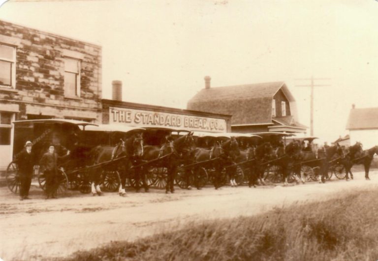 A black and white photo from 1920 outside of a building with the name "Standard Bread." A row of horses stand in a line in front of the business.||A black and white photo of a building taken around 1920. It is the Standard Bread building in Kitchissippi. Two men lean against the wall.|A black and white copy of an article from the Ottawa Citizen in 1960 featuring a family at a bingo hall.