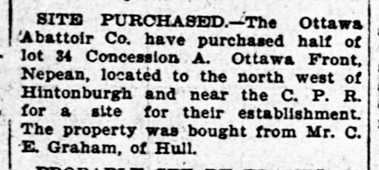 A black and white article from the Ottawa Journal in 1899 discussing the purchase of land for an abattoir.|A black and white scanned photo of an article in the Ottawa Citizen in 1900 on the concerns about the local slaughterhouse.