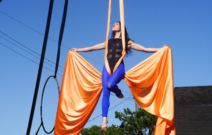 An aerial artist is seen in the air with orange silk ropes. She is wearing blue leggings and a black leotard.|Rows and rows of white and orange pumpkins at the Parkdale Market.|Cardboard baskets filled with apples sit at a table at the Parkdale Market.|A woman is seen in the air performing aerial acts. She is wearing a black leotard and blue skirt and there are orange silk ropes.|A close up of a green wreath with poppies on it. It reads 