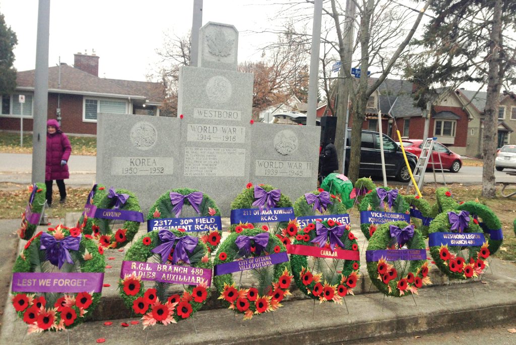 Wreaths laid in front of the Westboro Cenotaph on Nov. 11, 2019.