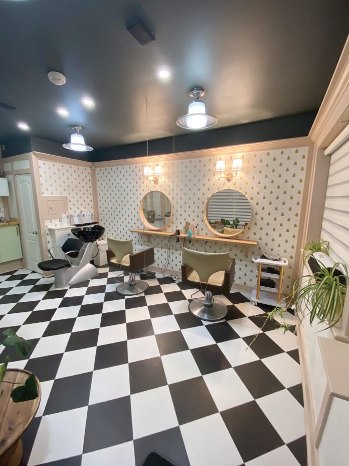 The inside of ApartMint Hair Studio in Hintonburg with a black and white checkered floor and white walls|The inside of ApartMint Hair Studio in Hintonburg with a black and white checkered floor and white walls||The inside of ApartMint Hair Studio in Hintonburg with a black and white checkered floor and white walls