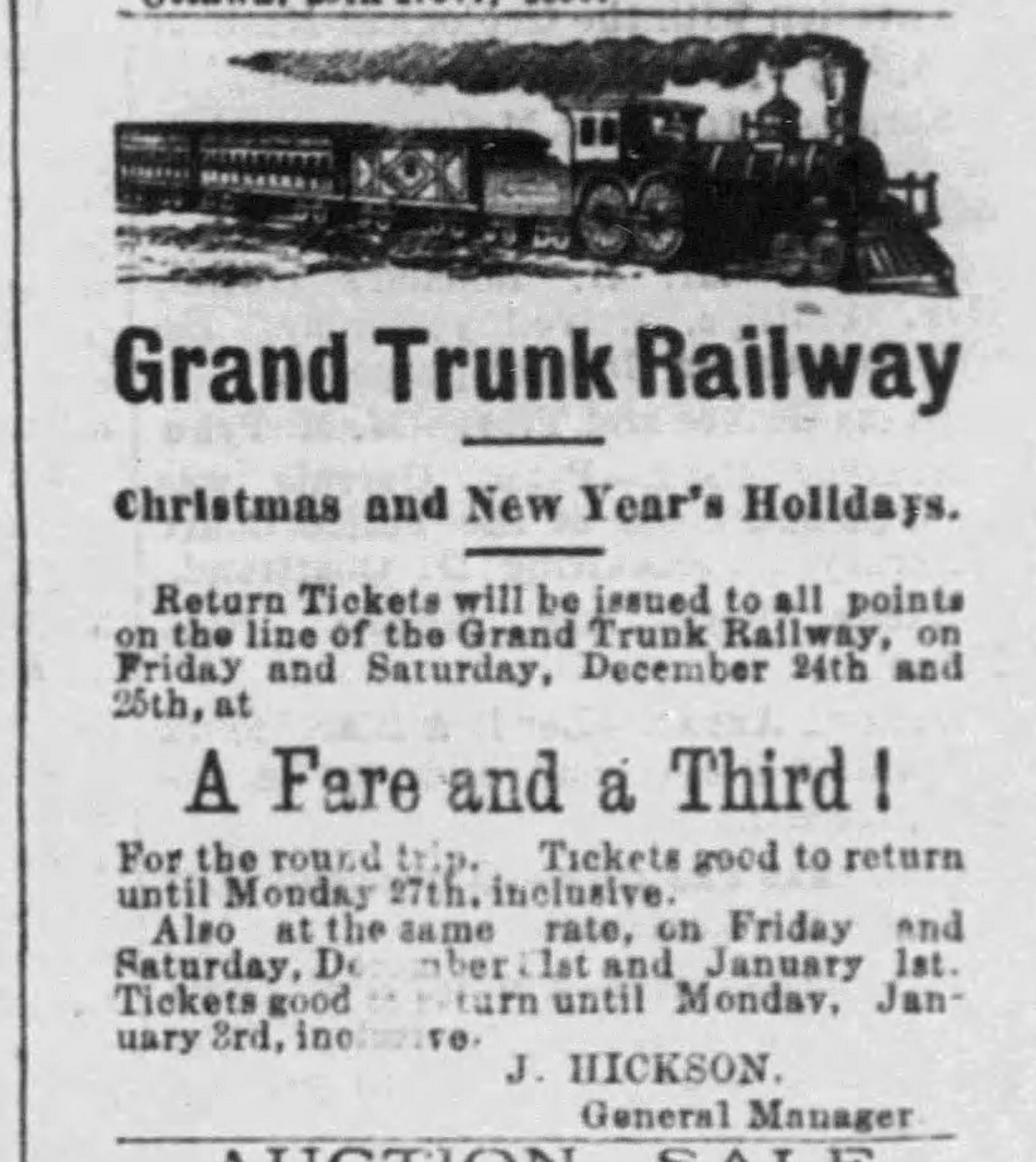 A black and white newspaper ad for Grand Trunk Railway fares that ran in the Ottawa Citizen in 1880.