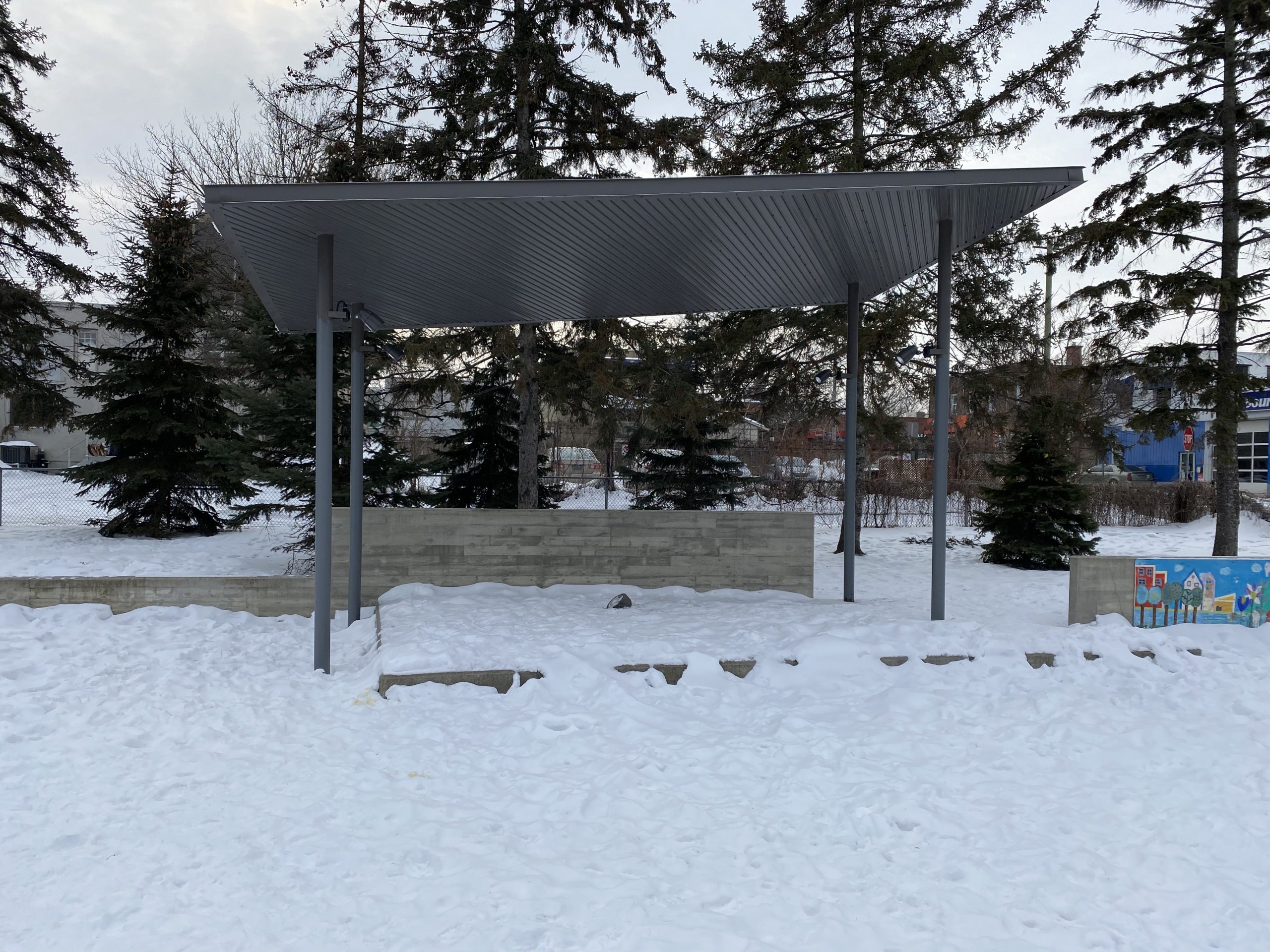 Parkdale Park Community Stage is seen on a snowy day.