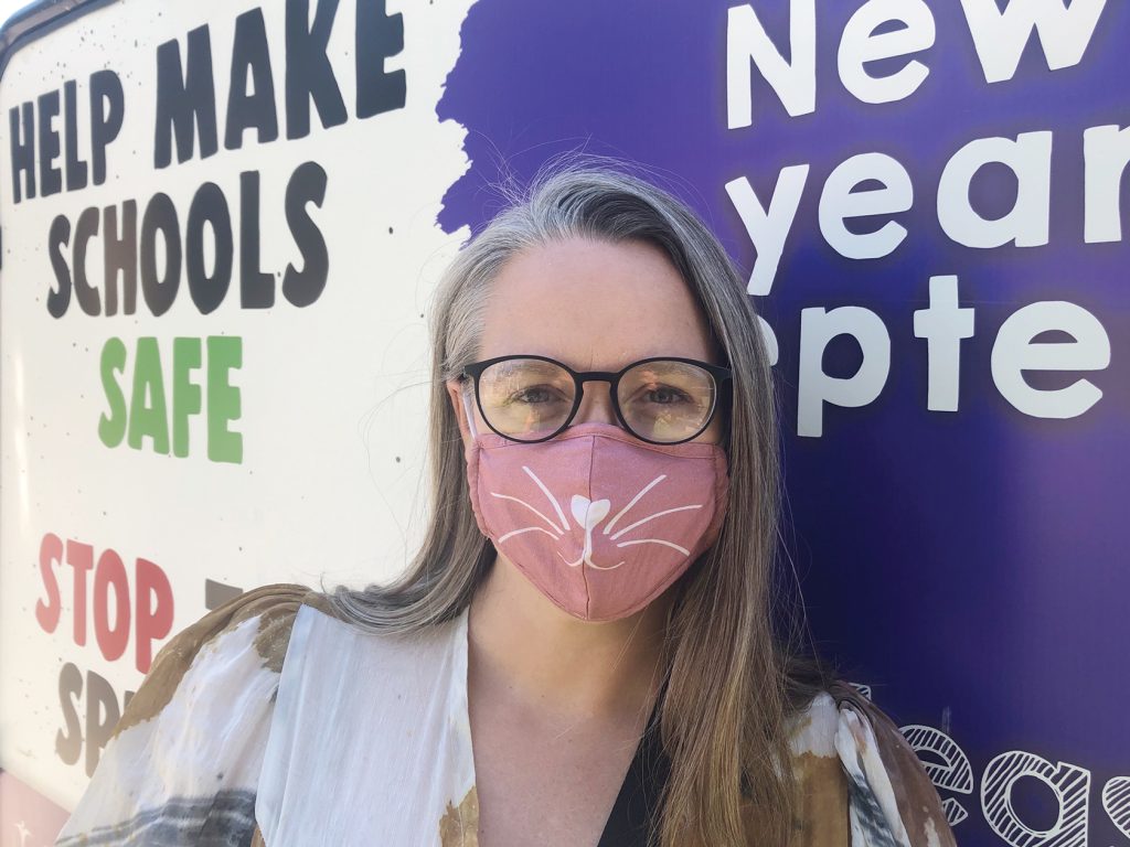 A photo of school trustee Justine Bell wears a mask in Ottawa.