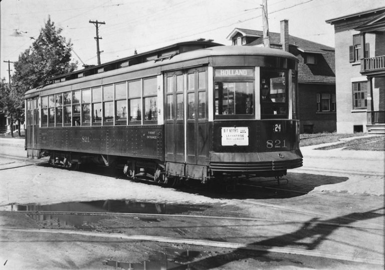 A black and white photo of a streetcar on Holland Avenue in 1964.|||||