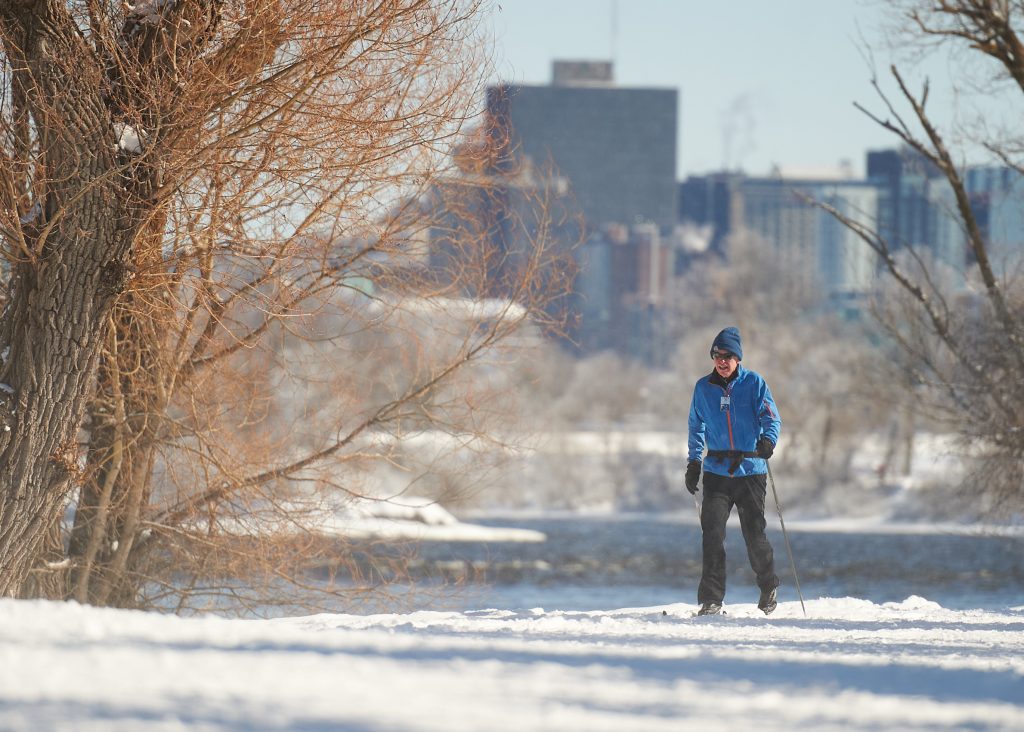 A man is seen skiing along the SJAM trail on a sunny day