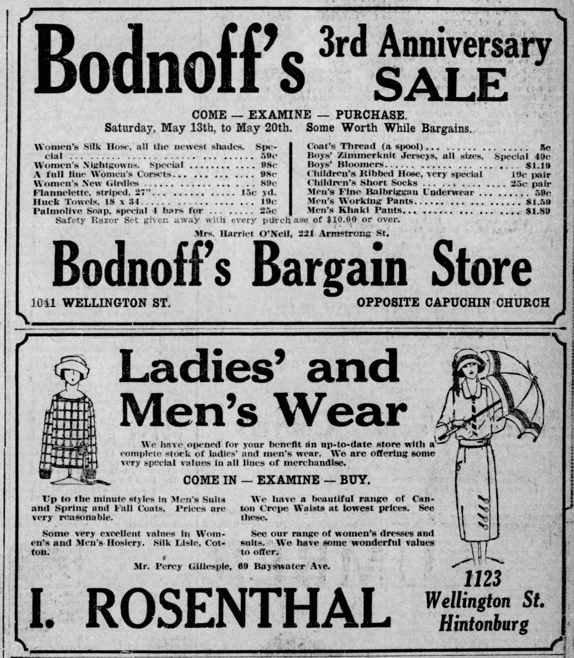 A black and white ad from 1922 in the Ottawa Citizen featuring Bodnoff's store