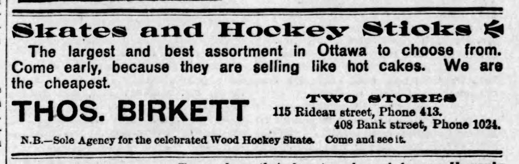 A black and white Thos. Birkett ad for skates in a 1898 newspaper