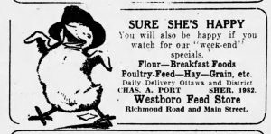 A photo of a newspaper ad for Port's Westboro Feed Store in Ottawa in 1924.