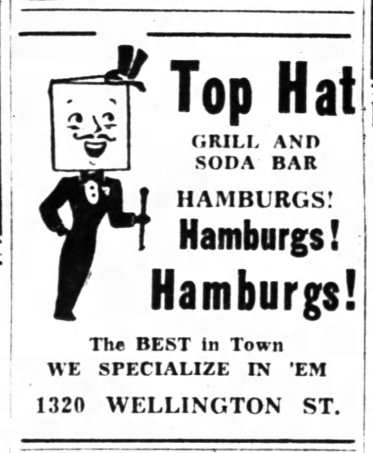 A Top Hat ad on hamburgers that ran in the Ottawa Citizen.|A photo of Jane Saikaley at the counter of Jimmy's Restaurant in the 1970s.||An ad advertising Top Hat in the Ottawa Citizen.|An inside photo of Jimmy's Restaurant in the 1970s.|A photo of the diner owners at Jimmy's Restaurant.|A photo of Jane Saikaley at Jimmy's Restaurant.|A photo of Jimmy and Jane working behind the counter at Jimmy's Restaurant.