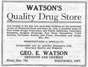 A photo of an ad for Watson's Quality Drug Store in 1927.