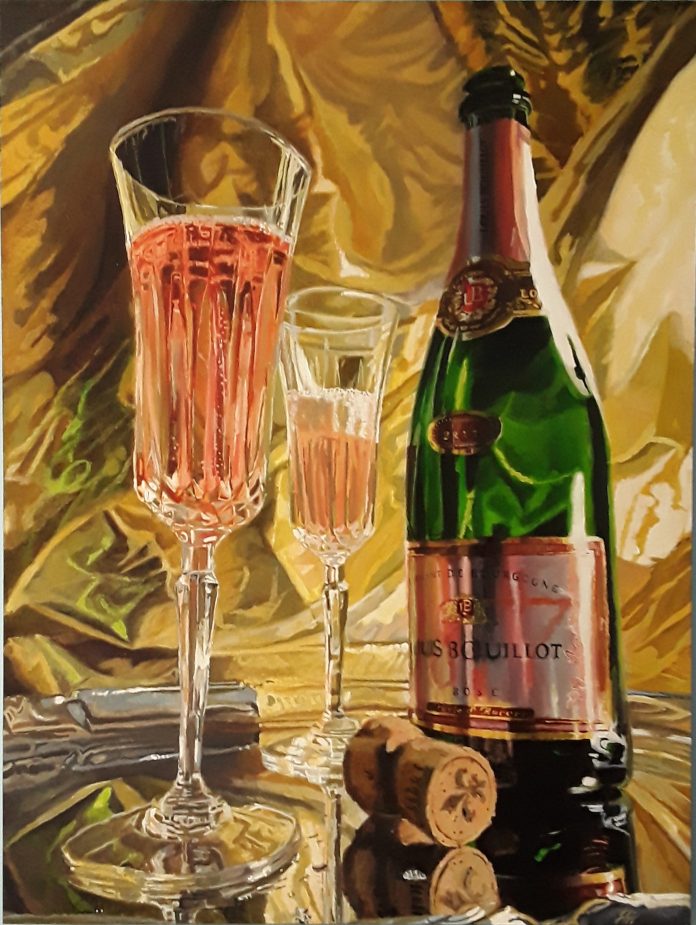 An oil painting of two glasses of champagne and an opened champagne bottle.|||