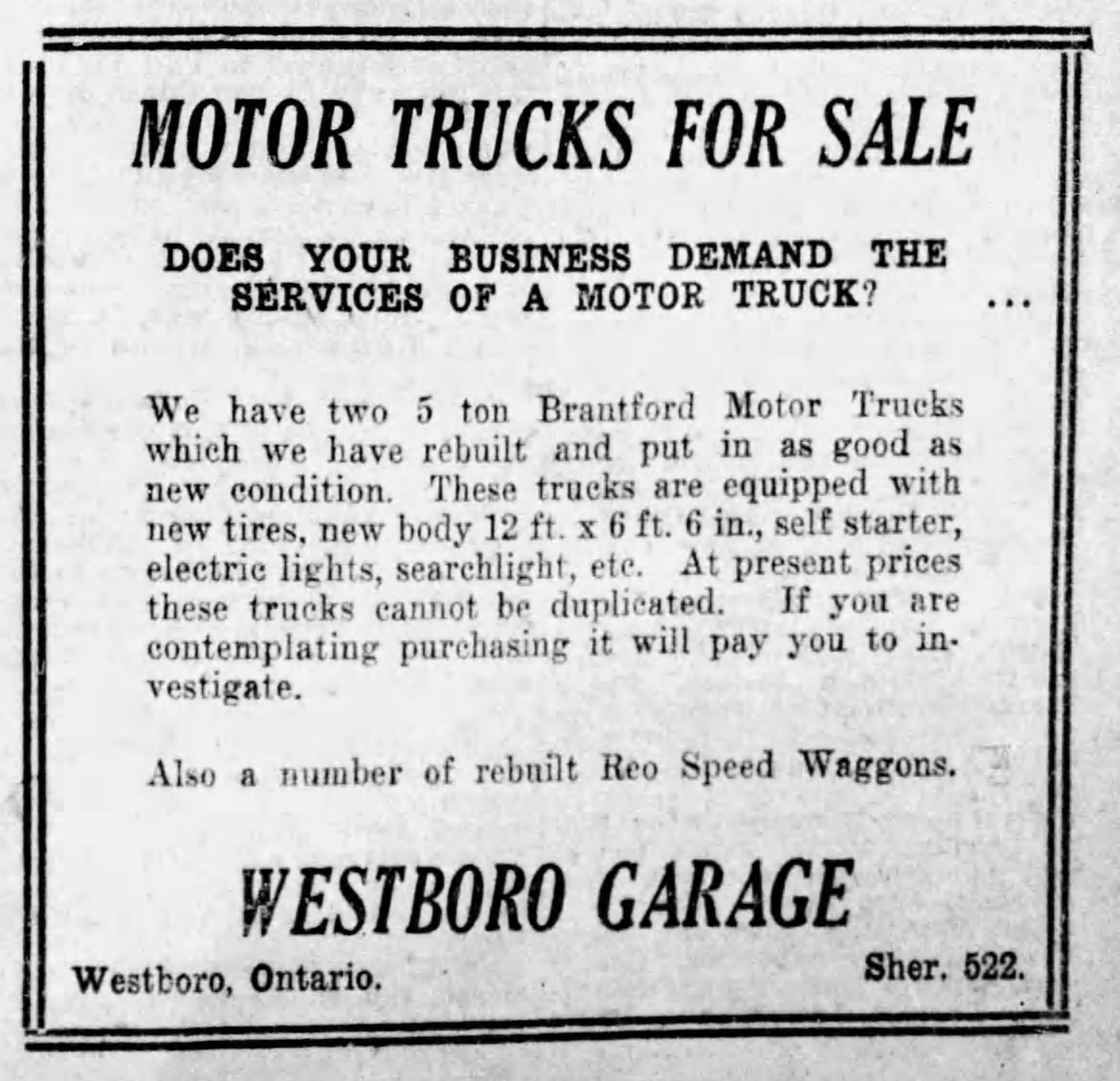 Ad for Westboro Garage as it appeared in the Saturday, July 17 1920, edition of the Ottawa Citizen.