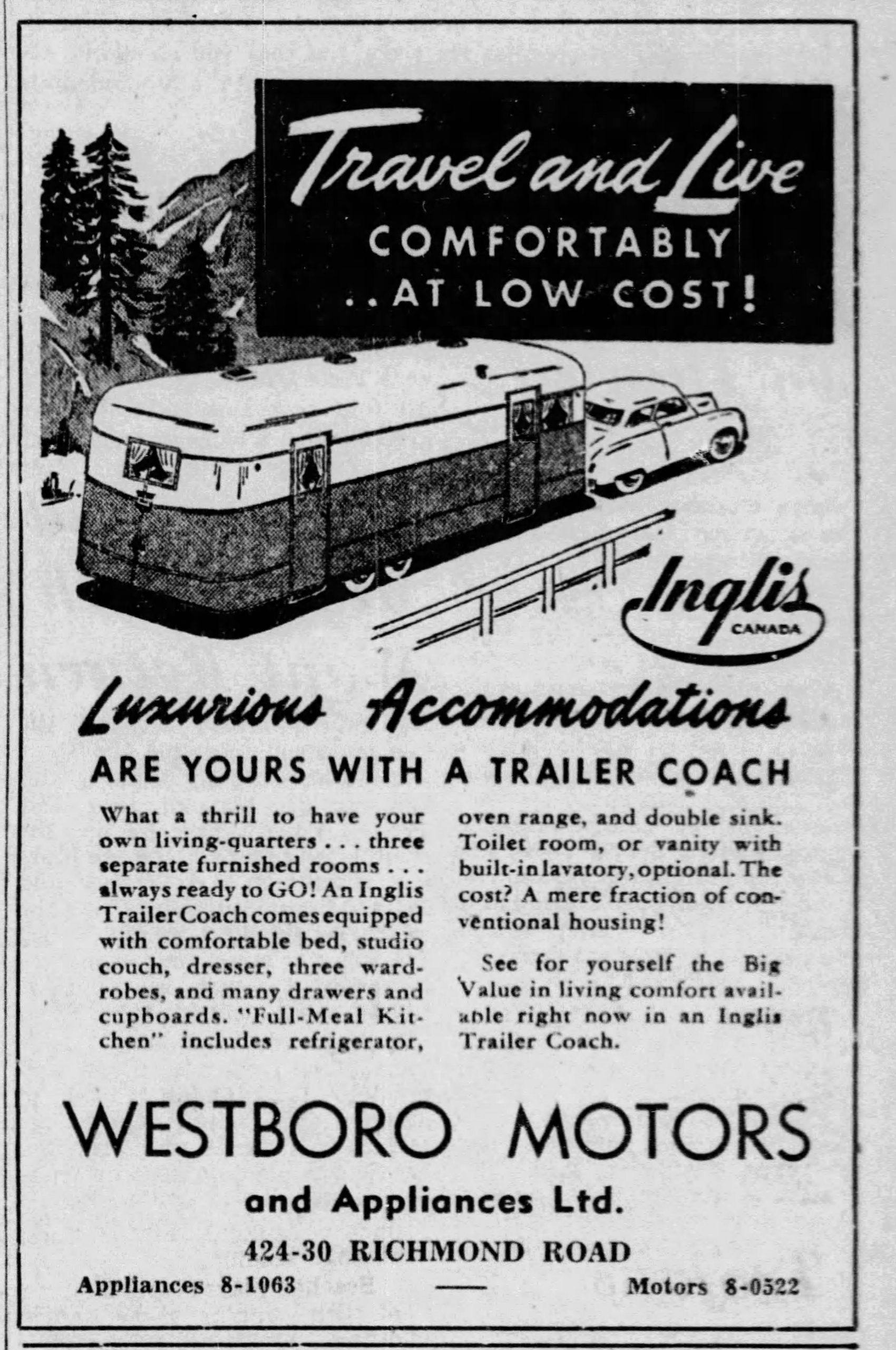 Ad from Westboro Motors for an RV "Trailer Coach" as it appeared in the Saturday, October 11, 1947 edition of the Ottawa Citizen.