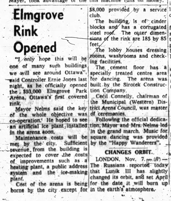 A newspaper clipping from 1959 announces the opening of the Elmgrove Rink. 