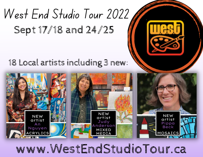 A collage of artists' next to their artworks on a digital poster for the West End Studio Tour.