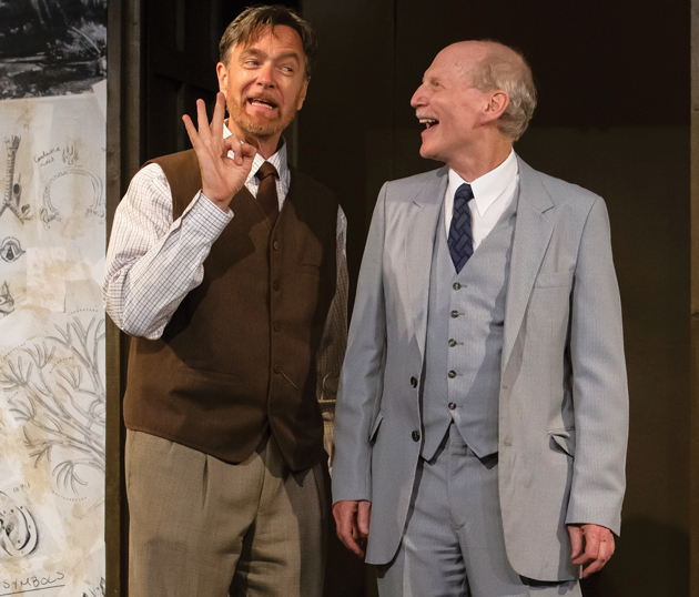 Two men stand together on stage acting at the Arts Court Theatre in a production of Pygmalion.|||