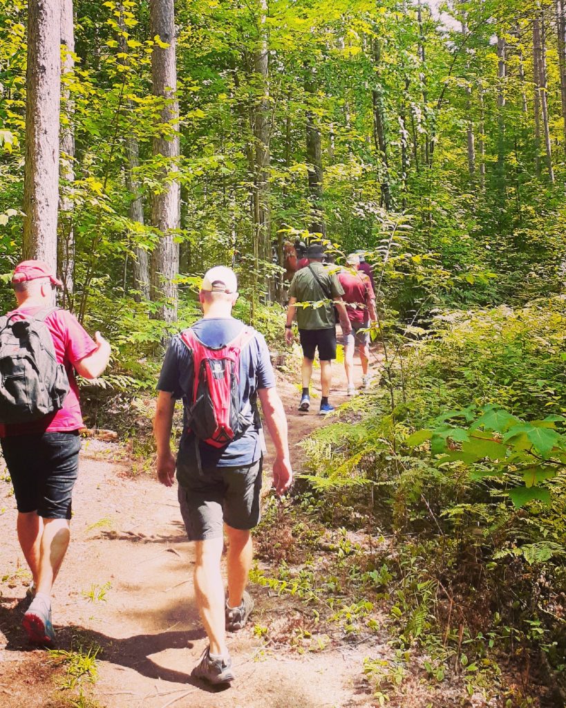 Hikers walk down a path in the forest. 