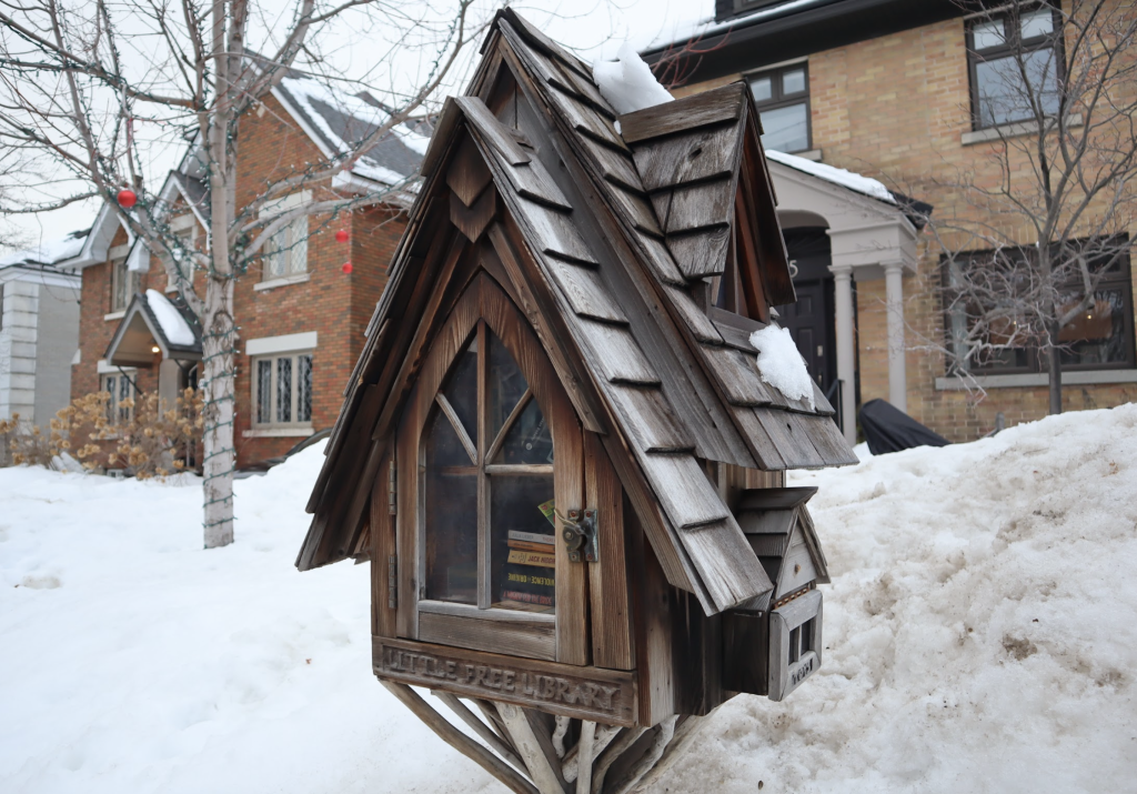 A wooden library box that resembles a house site outside of a home.