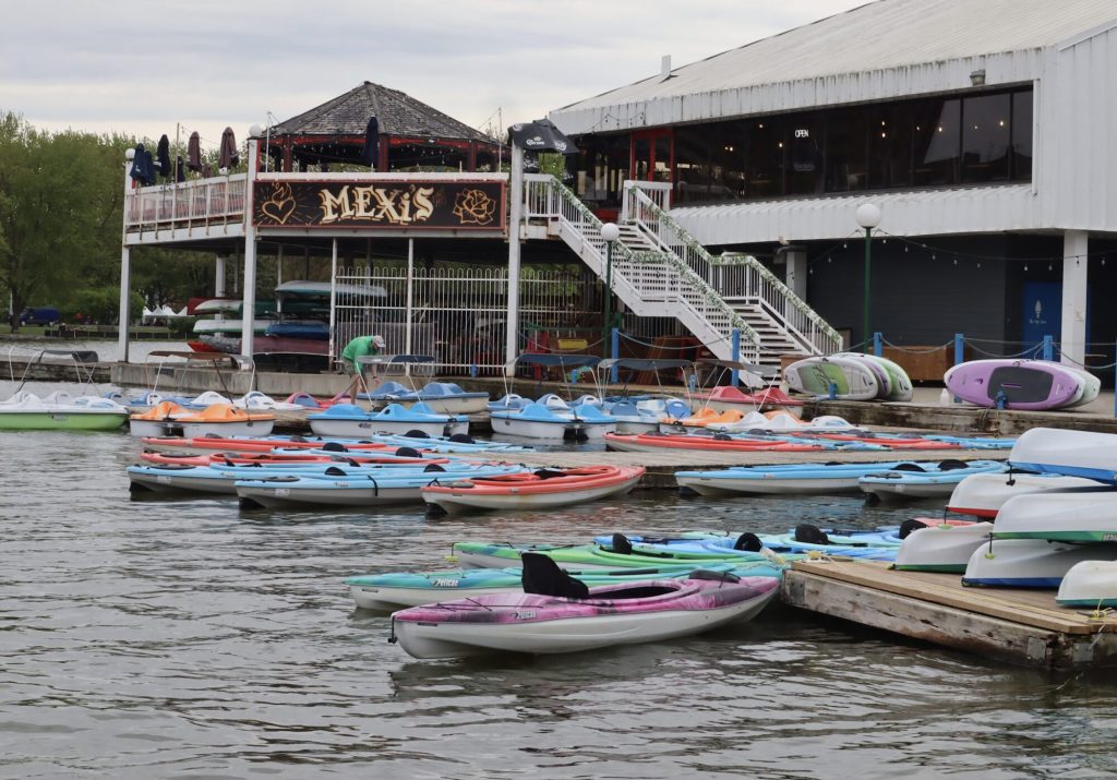 Paddle boats parked outside of Dow’s Lake. 