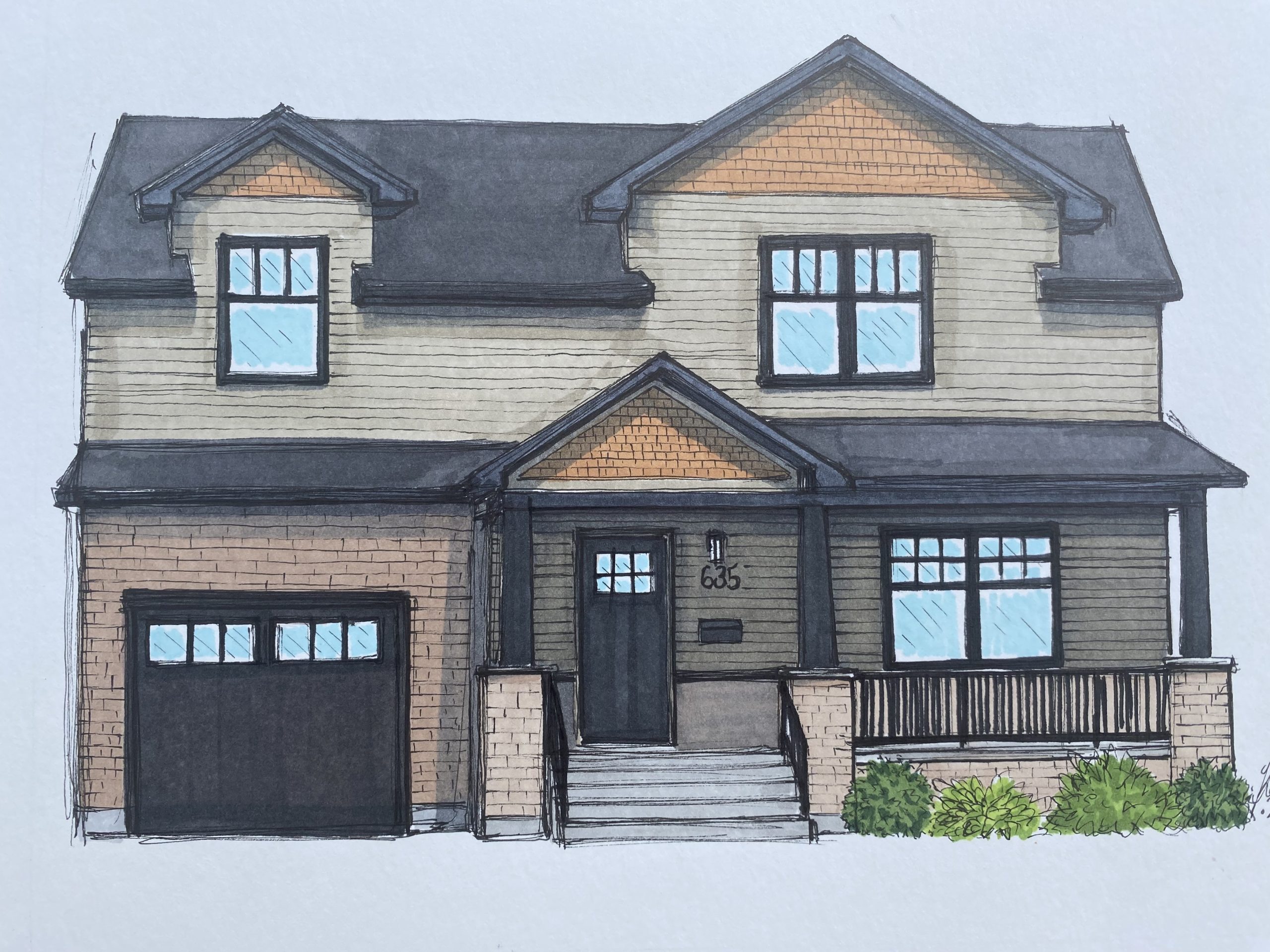 The drawing of a newer build, two storey house. 