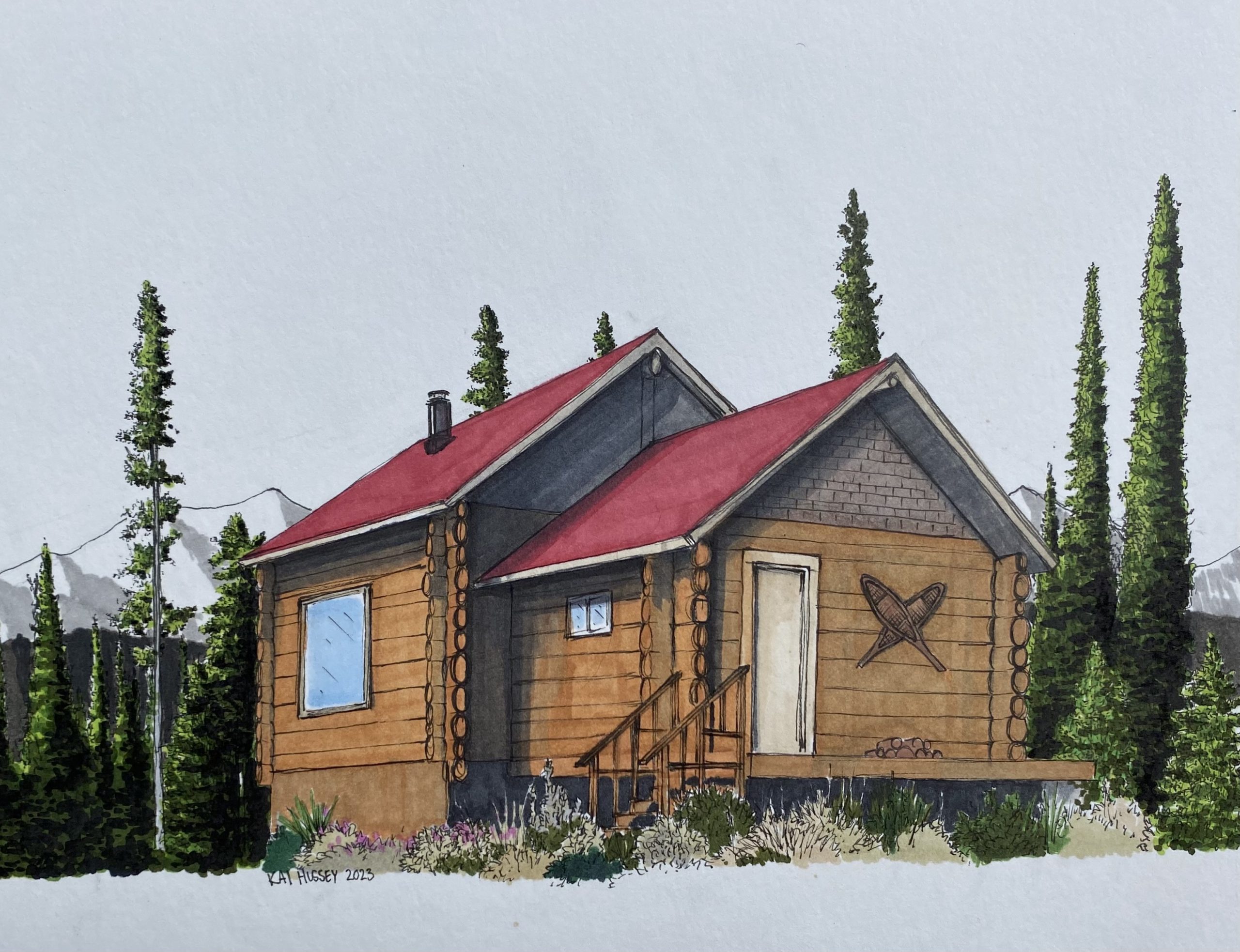 The drawing of a cabin in the woods. 