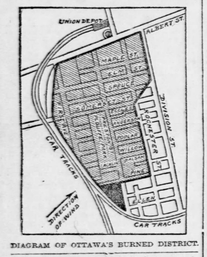 A black and white drawn map showing the area where the fire burned. 