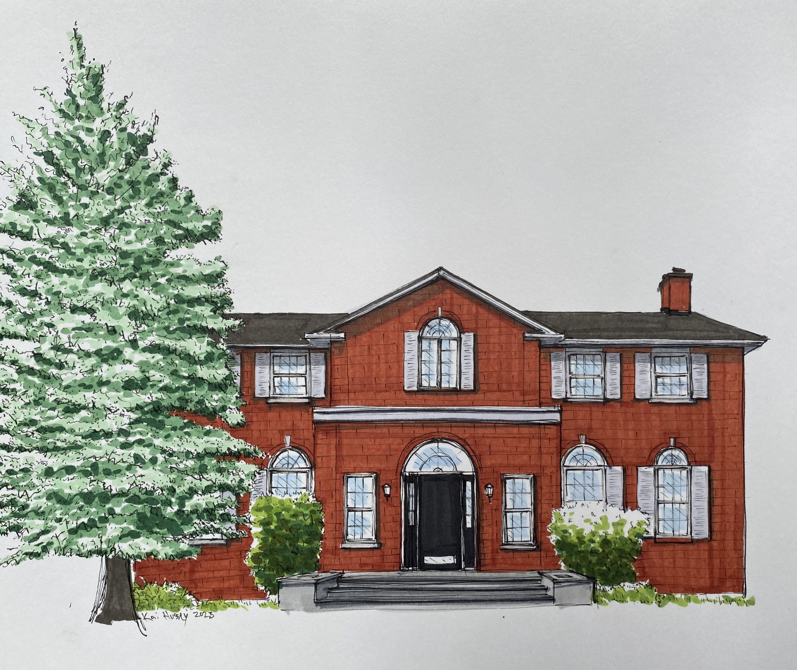 The drawing of a brick house. 