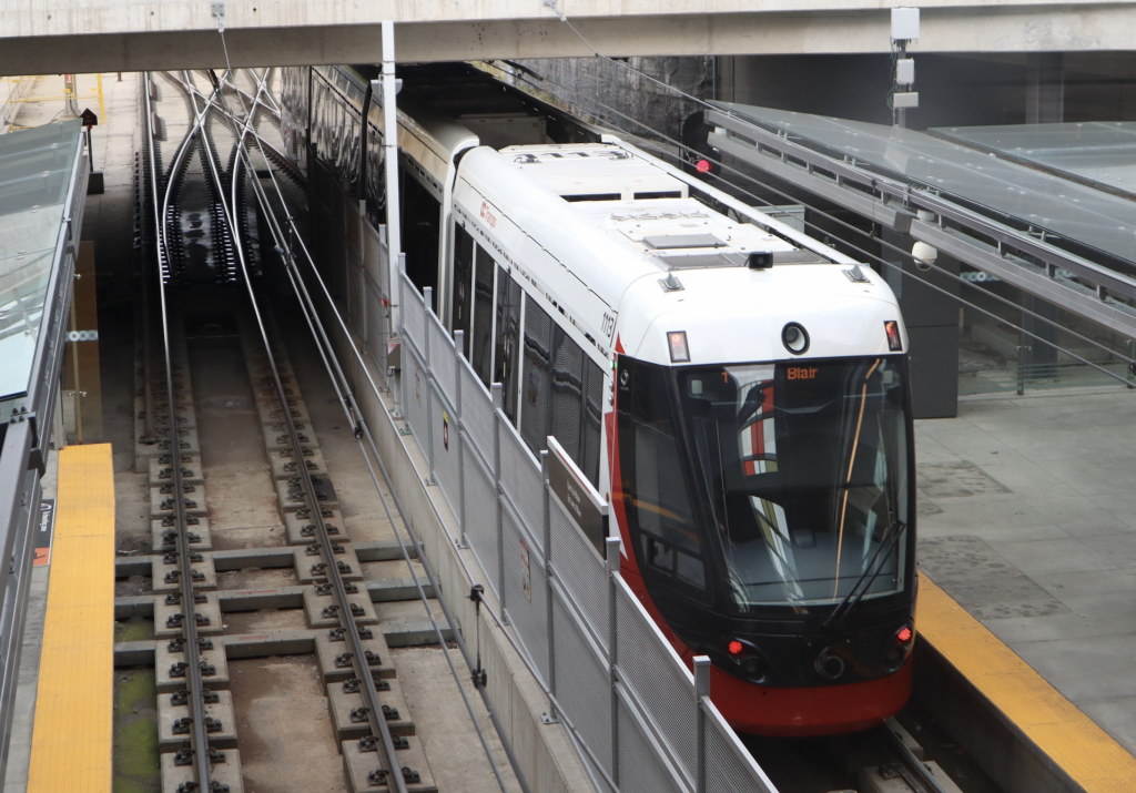 An LRT train leaves Tunney’s Pasture Station. 