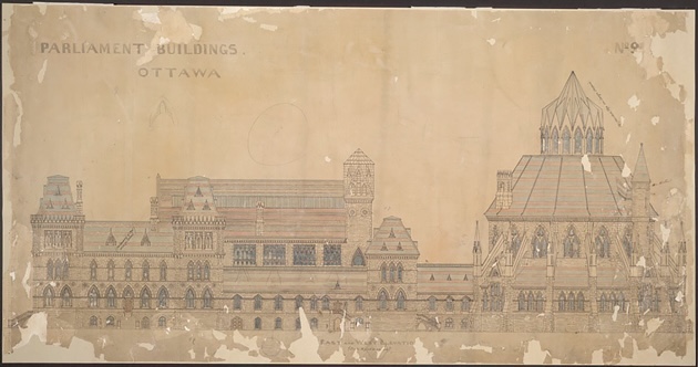 A drawing of the back of the Parliament Buildings.  