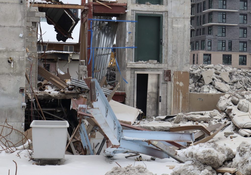 Small parts of the hotel, including an elevator shaft, remain standing. 