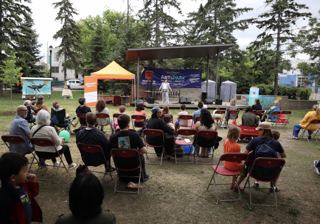 Spectators face the stage at Parkdale Park as a drag kind performs. 