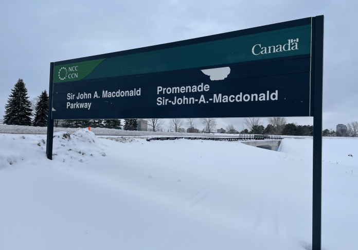 A sign on the Sir. John A Macdonald parkway which bares its name.